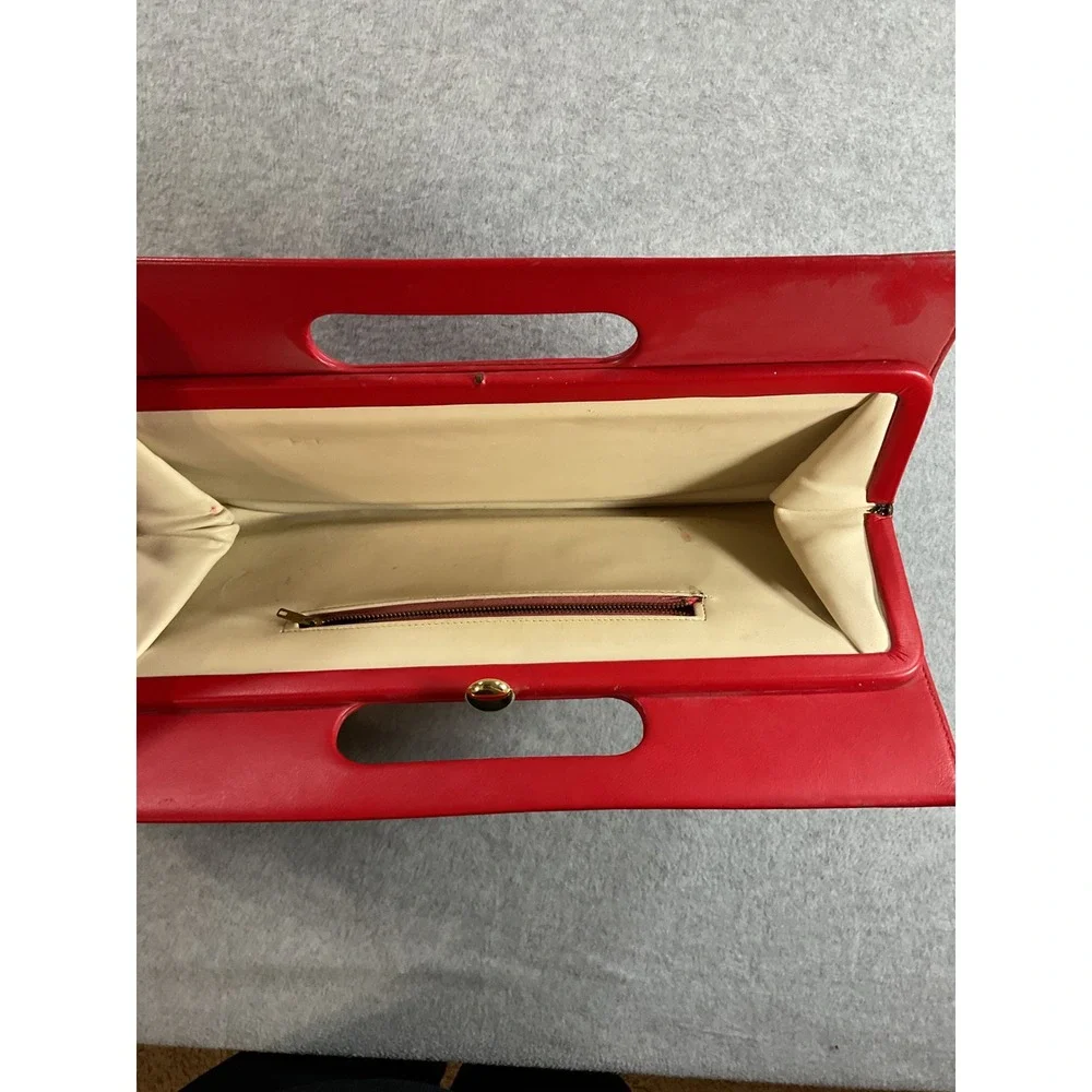 Vintage Red Leather Cut Out Handle Clutch Bag Evening Purse Gold Hardware